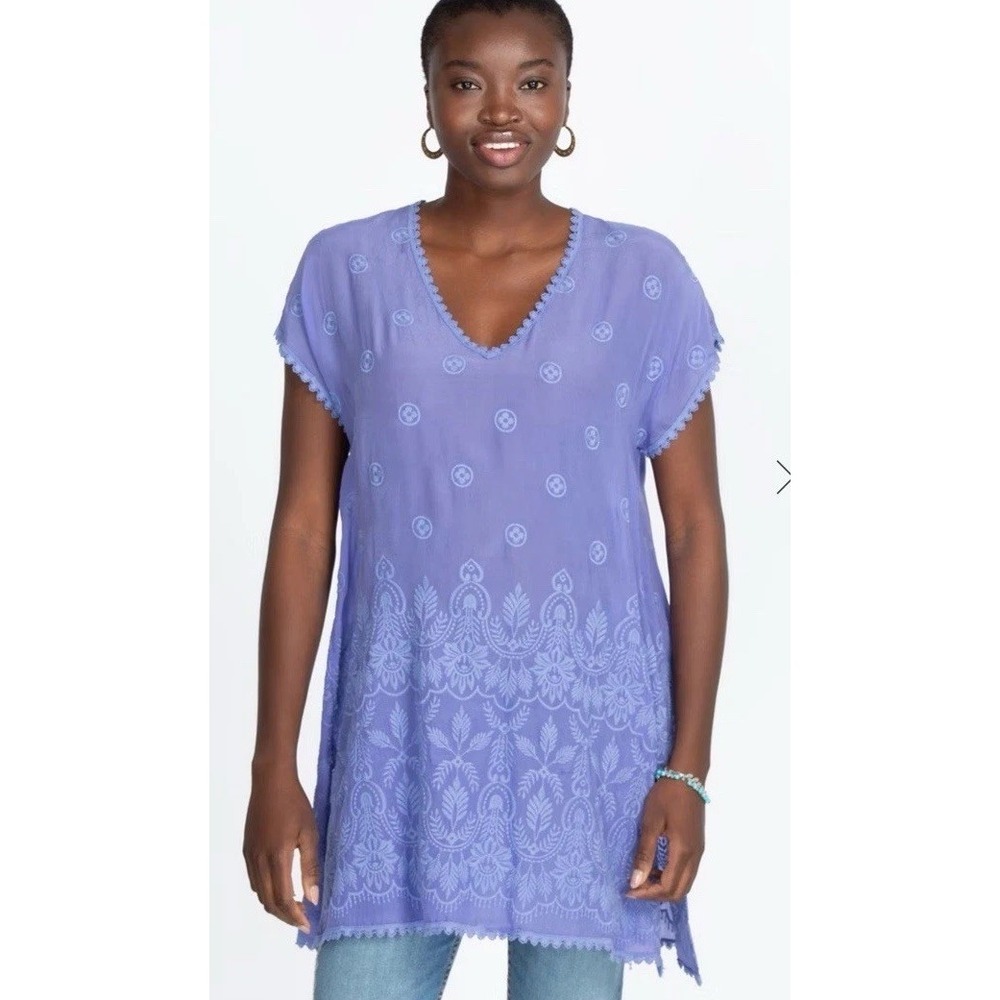 Johnny Was Jocasta Willow Tunic M Baja Blue Embroidered Cupro Rayon Boho Top